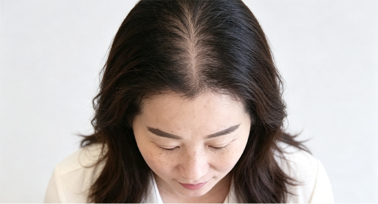 Woman showing thinning hair along her part